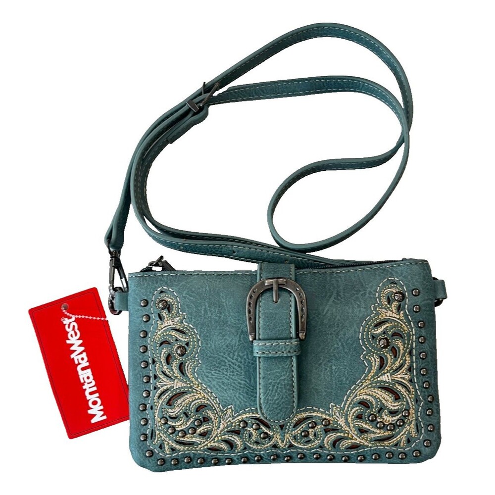 Montana West MW1143-181BQ Turquoise Studded Embroidered Wristlet/Crossbody NWT